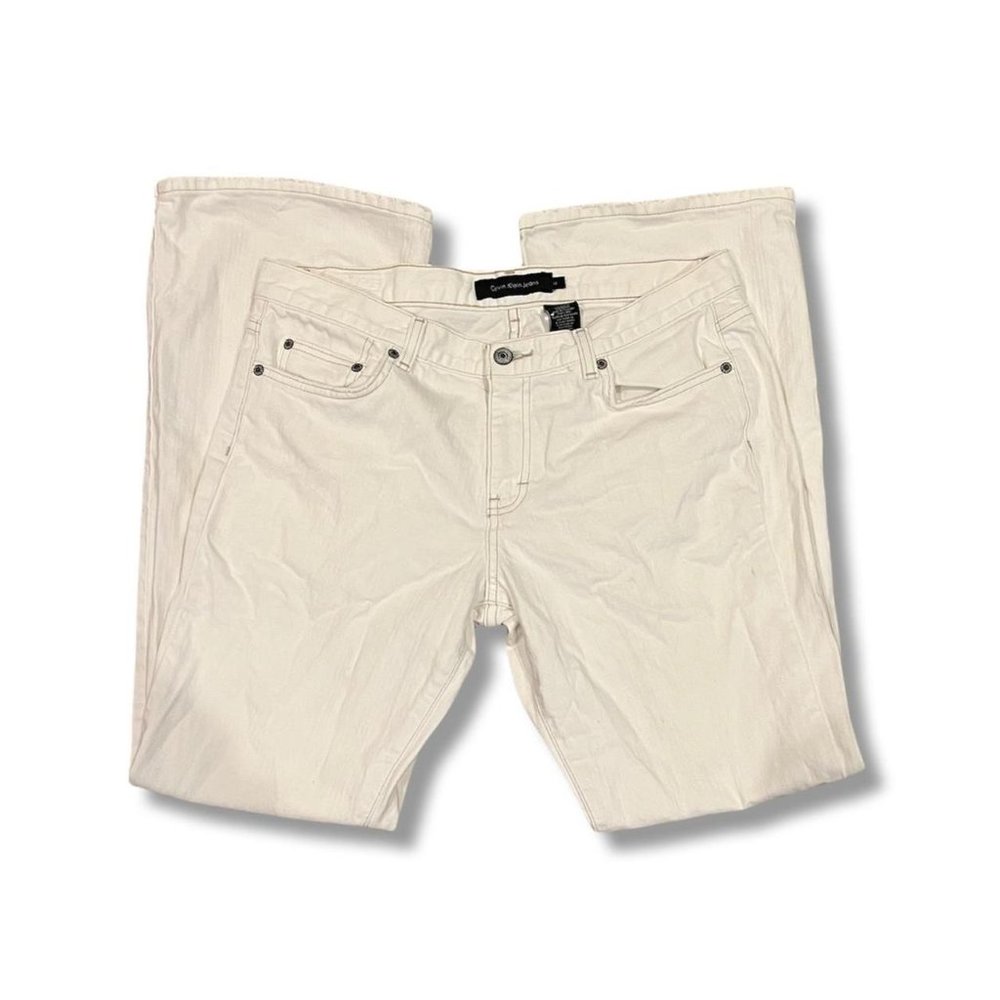 White Calvin Klein Mid Rise Jeans With Brown Stitching